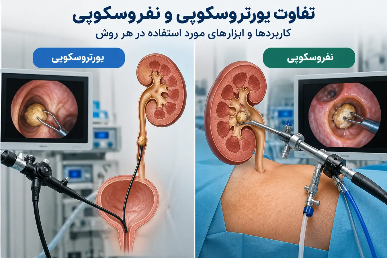 مقایسه یورتروسکوپی از مسیر مجاری ادرار و نفروسکوپی در دسترسی پوستی به کلیه